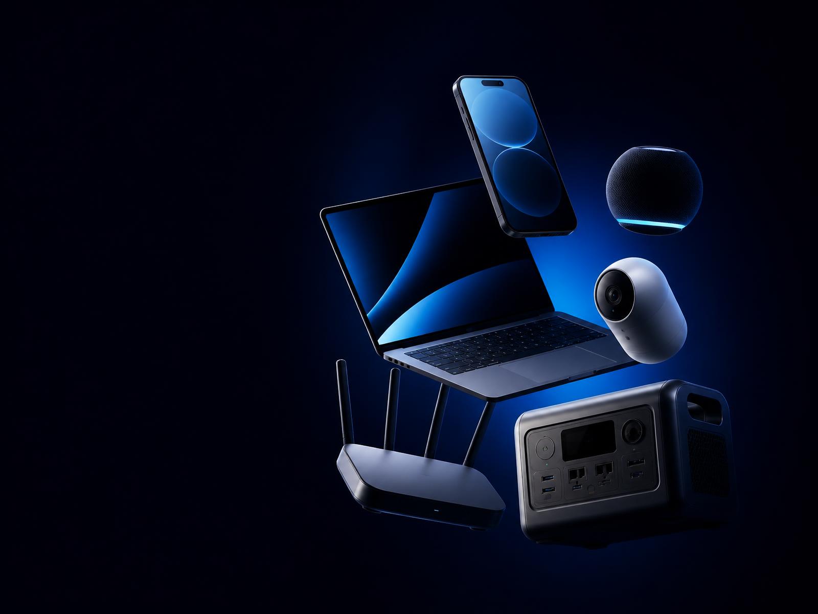 A cluster of modern devices: phone, laptop, smart speaker, security camera, router and portable power station